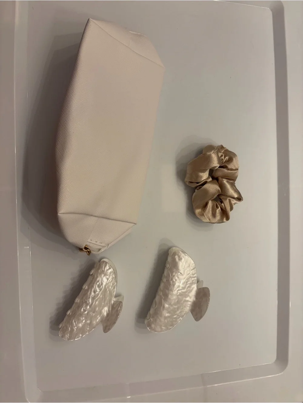 Bridal Kit:Cream Cosmetic Pouch Pearl 'MRS' Detail, 2 Bride Claw Clips, Scunchie